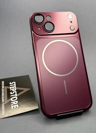 Чехол для iphone 14 с magsafe и линзами на камеру стеклянный матовый glass acrylic case бордовый
