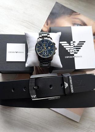 Мужской подарочный набор armani часы и кожаный ремень black