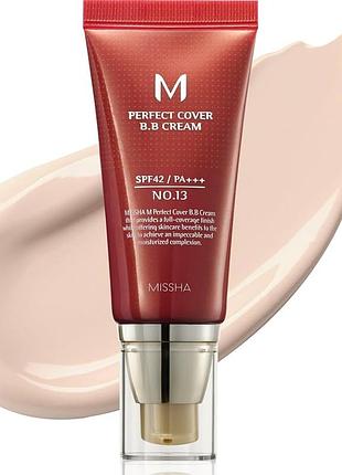 Вв крем, що матує з ідеальним покриттям missha m perfect cover bb cream spf42 pa 50ml, 13 bright beige