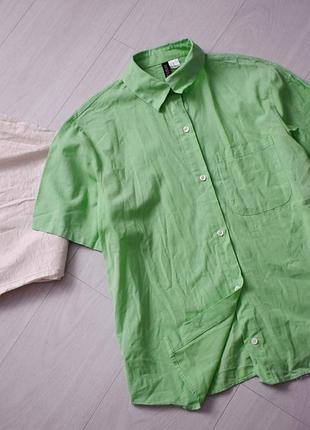 Зеленая салатовая хлопковая рубашка с коротким рукавом h&amp;m xs