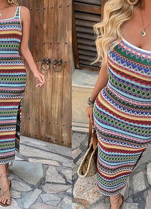 Яскрава трикотажна сукня shein vcay boho maxi s у стилі boho з розрізом, в'язане облягаюче плаття максі