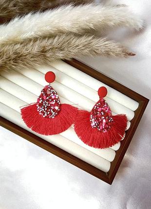 Серьги красные вечерние нитки кисти бахрома серьги вечерние