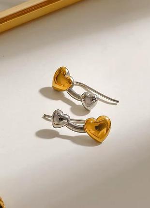 Серьги сердца нержавеющая сталь stainless steel золотисто серебристые