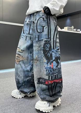 Джинсы для мальчика-подростка 14–15 лет, 170 см, baggy, широкие с принтом