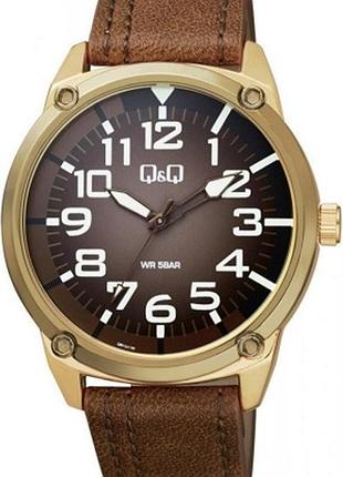 Мужские часы q&q qb10j105y золотистый корпус 45 мм коричневый ремешок водозащита 50 м коричневый циферблат