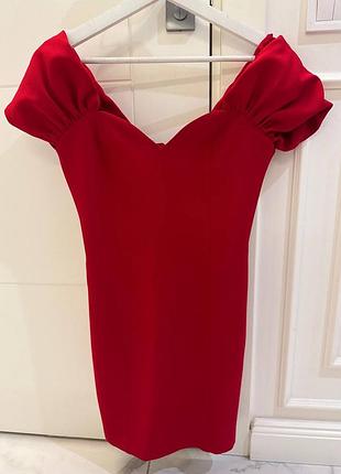 Эффектное красное платье zara с открытыми плечами / короткое платье с рукавами-фонариками