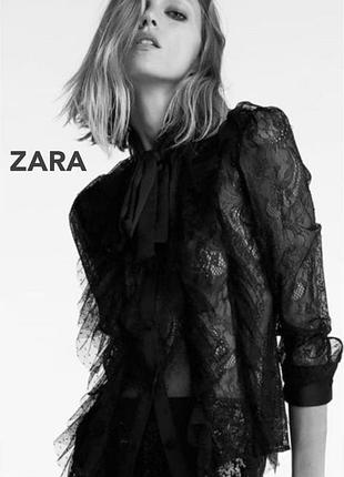 Кружевная черная прозрачная блузка zara с лентой