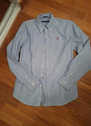 Блакитна жіноча бавовняна сорочка з коміром на ґудзиках (button-down) від бренду ralph lauren лінії slim fit. 2