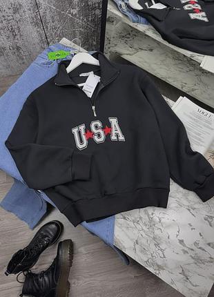 Якісний світшот жіночий чорний з принтом usa s/m утеплений світшот на флісі із блискавкою