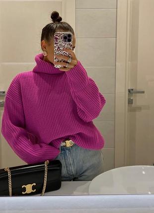 🖤ярко-розовый свитер оверсайз в рубчик zara/малиновый свитер гольф с высоким горлом🖤