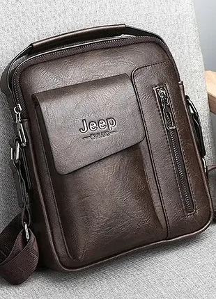 Чоловіча сумка-планшет jeep темно-коричнева, барсетка через плече з екошкіри