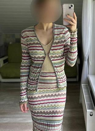 Дизайнерський в'язаний костюм marc cain (кардиган + спідниця) у стилі missoni, розмір s-xs