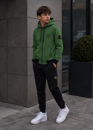 Спортивний костюм для підлітків stone island зелений з чорним на флісі