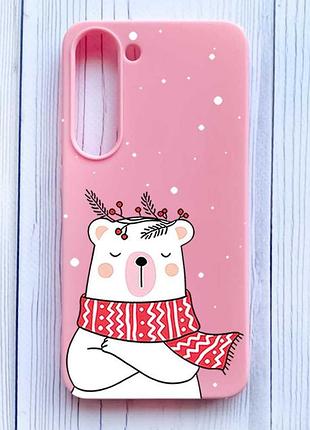 Матовый розовый чехол на samsung galaxy s23 медведь в шарфе (принт 147)