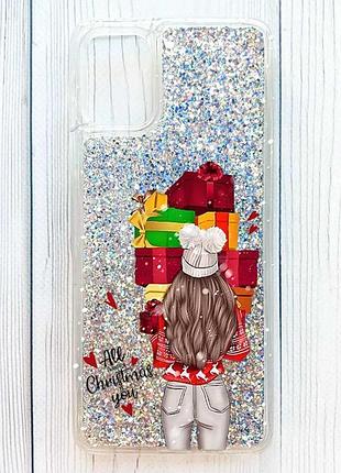 Чехол с плавающими серебряными блестками на samsung galaxy a06 девушка с подарками (принт 144)