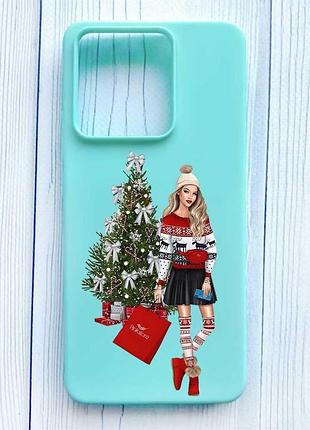 Матовый бирюзовый чехол на xiaomi redmi note 13 pro 4g девушка с подарками (принт 141)