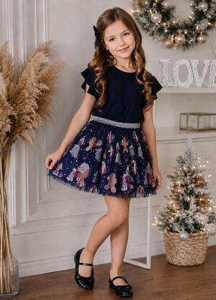 Фатиновая юбка с новогодним принтом на 6-7 лет