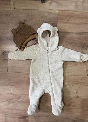 Демісезонний комбінезон little angel тедді для хлопчиків/дівчаток молочний 74 розмір з шапкою
