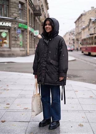 Zara жіноча чорна тепла куртка оверсайз з блискавками