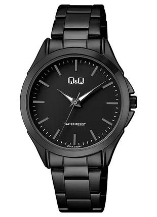 Чоловічий годинник q&q c04a-013py чорний корпус 38 мм чорний сталевий браслет водозахист 30 м чорний циферблат