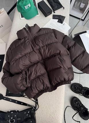 Женская осенняя объемная куртка oversize на био-пуху с плащевки лаке 42/44 46/48 шоколад, 46/48