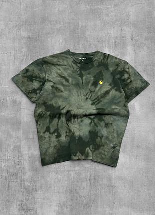 Футболка carhartt оригінал чоловіча кастомна зелена хакі кархарт tie dye з вишивку