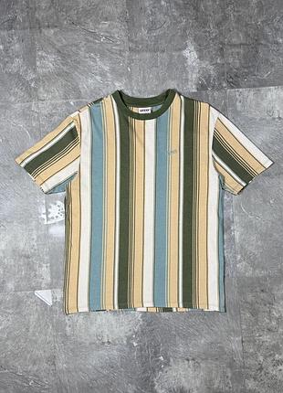 Футболка чоловіча guess originals гесс в смужку оверсайз вишитий логотип vintage t-shirt полосата оливкова вінтажна футболка guess originals oversized