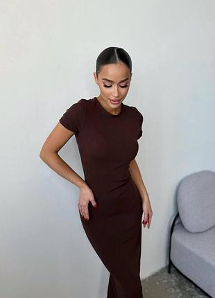 Женское базовое платье макси облегающее с коротким рукавом maxidress из микродайвинга турция длинная 42/46, 48/52 шоколад, 42/46