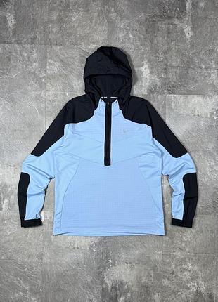 Чоловіча бігова кофта вітровка анорак nike найк running для бігу спортивна худі олімпійка з капюшоном 1/2 замок l оригінал блакитна чорна