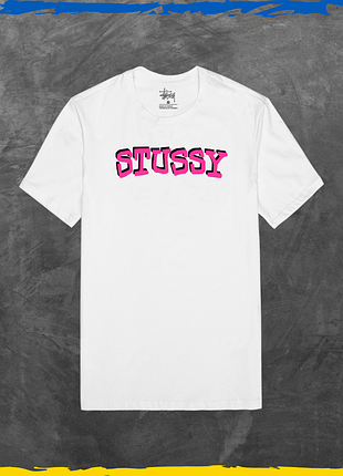 Футболка унісекс stussy базова стусcі рожеве лого принт білий, 2xl