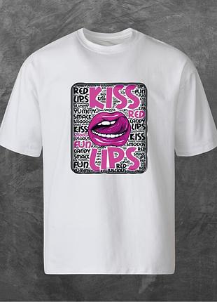 Футболка унисекс с принтом kiss lips оверсайз белая m