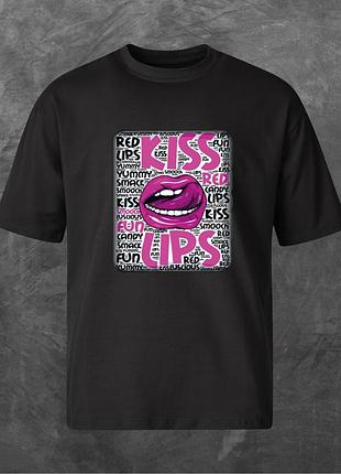 Футболка унисекс с принтом kiss lips оверсайз черная xl
