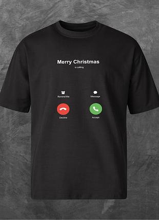 Футболка унисекс с принтом merry christmas щасливого різдва оверсайз черная s
