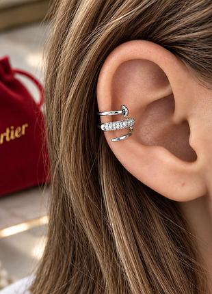 Кафф cartier сріблястий зі стразами з нержавіючої сталі, без проколу, з оксамитовим мішечком