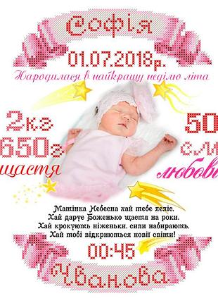 Скм-207. схема для вишивки бісером метрика для дівчинки (індивідуальне замовлення)