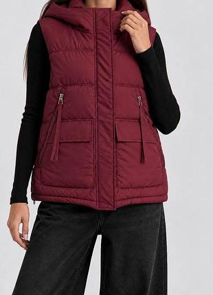 Жилет жіночий однотонний з капюшоном, колір бордовий, 244r9831 xxl, 52, xxl