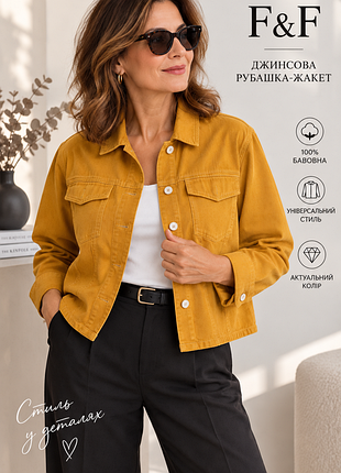 Горчичная джинсовая рубашка-жакет f&f из 100% хлопка, размер 38 (м)