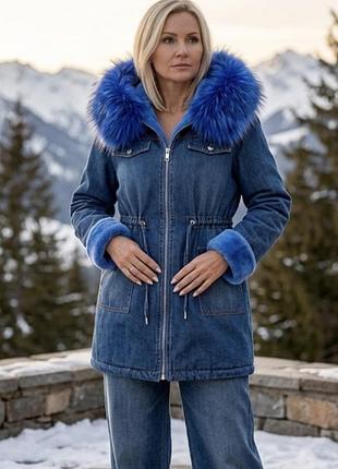 Джинсовая женская теплая куртка,парка, на меху с капишоном,еврозима