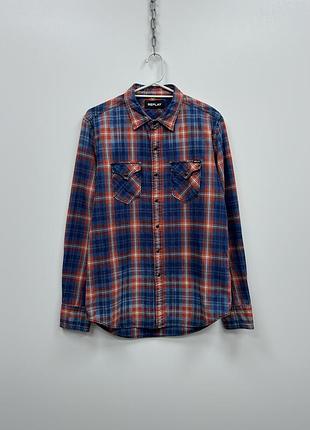 Шикарна сорочка оверширт replay checked regular shirt orange/blue/white
