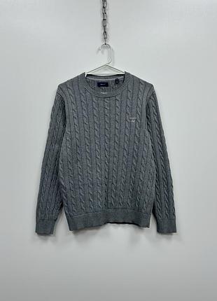 В’язаний светр gant cable knit crew neck cotton sweater grey