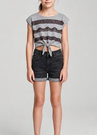 Серый летний кроп топ футболка девочке h&m logg 134-140 9-10 лет короткая футболка с завязкой узлом спереди ажурные вставки гипюровые меланж  топик