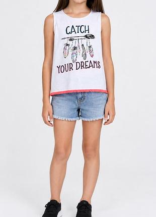 Белая летняя майка футболка девочке с бахромой сatch your dreams 10-12 лет бохо принт надпись перышки перья стрела ловец снов индейский стиль топ
