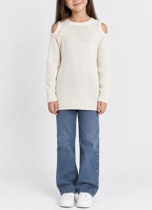 Джемпер кофта белая девочке с открытыми плечами isaac mizrahi 7-8 лет 122-128 вырезы на плечах хлопок удлиненный свитер круглый вырез манжеты