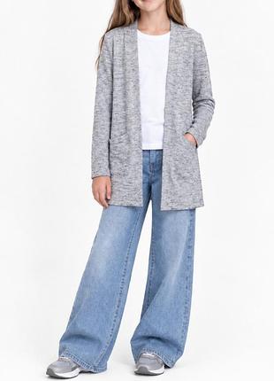 Удлиненный трикотажный кардиган девочке h&m 10-12 лет 146-152 серый меланж без застежек базовый длинная кофта тонкая накидка оверсайз свободный люрекс