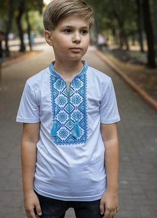 Вишиванка kosar для хлопчика 2-16 років з коротким рукавом , 98, білий з синім