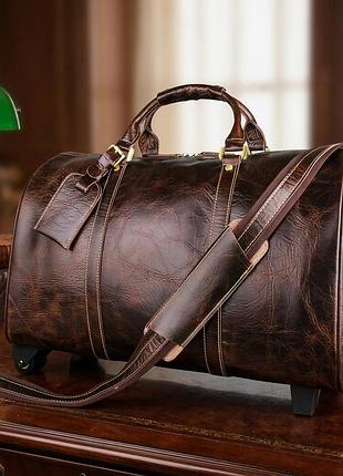 Кожаная дорожная сумка на колесах для путешествий и командировок vintage 14254 коричневая