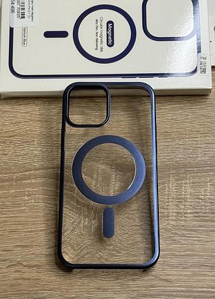 Чохол на iphone 12 pro прозорий пластиковий з синім бортиком, магнітний magsafe