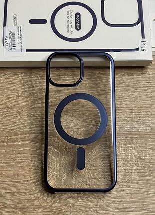 Чохол на iphone 15 прозорий пластиковий з синім бортиком, магнітний magsafe