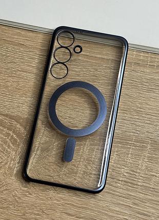 Чохол на samsung galaxy s25 plus прозорий пластиковий з синім бортиком, магнітний magsafe