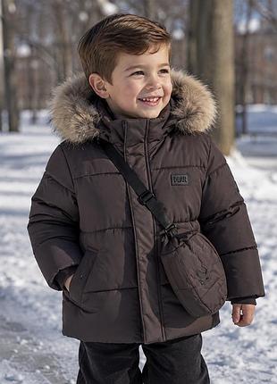 Куртка зимняя harmony baby для мальчика 1-5 лет на биопухе с натуральным мехом,темный шоколад, 98-104